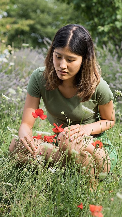 woman touching flowers